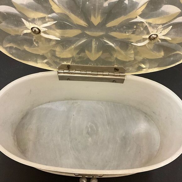 Vintage 1950s Lucite Marbleized Pearl Top Handle Purse Round Box Makeup Containe - Picture 10 of 14